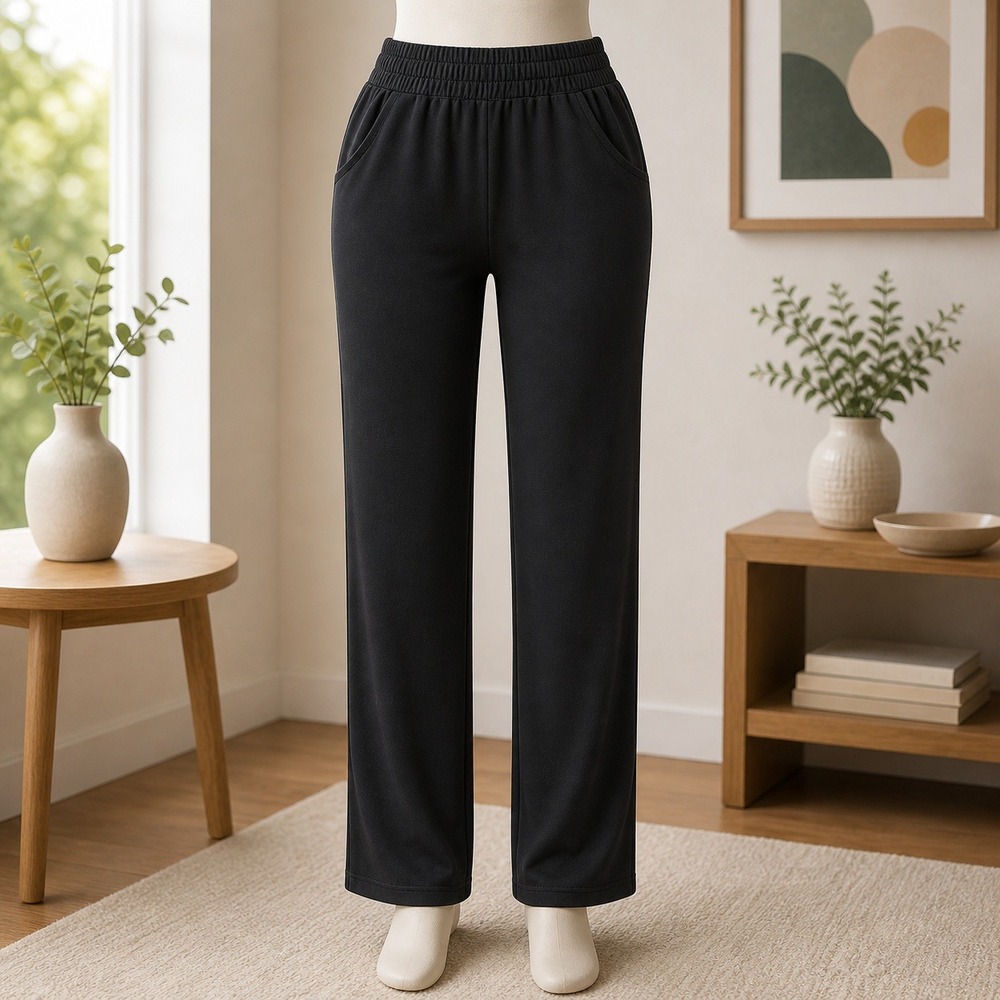 Belle Kim Gravel Black Knit Pull On Pants Petite Large LP Straight Leg Pockets
